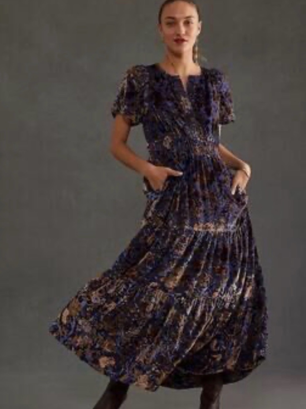Anthropologie The Somerset Velvet Maxi Dress - Purple Floral, Size XS
